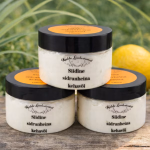 Siidine sidrunheina kehavõi 120 ml, naturaalne kehahooldustoode shea- ja kakaovõiga, Kalda Loodustooted.