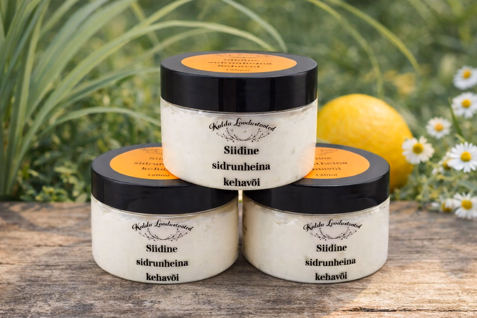 Siidine sidrunheina kehavõi 120 ml, naturaalne kehahooldustoode shea- ja kakaovõiga, Kalda Loodustooted.