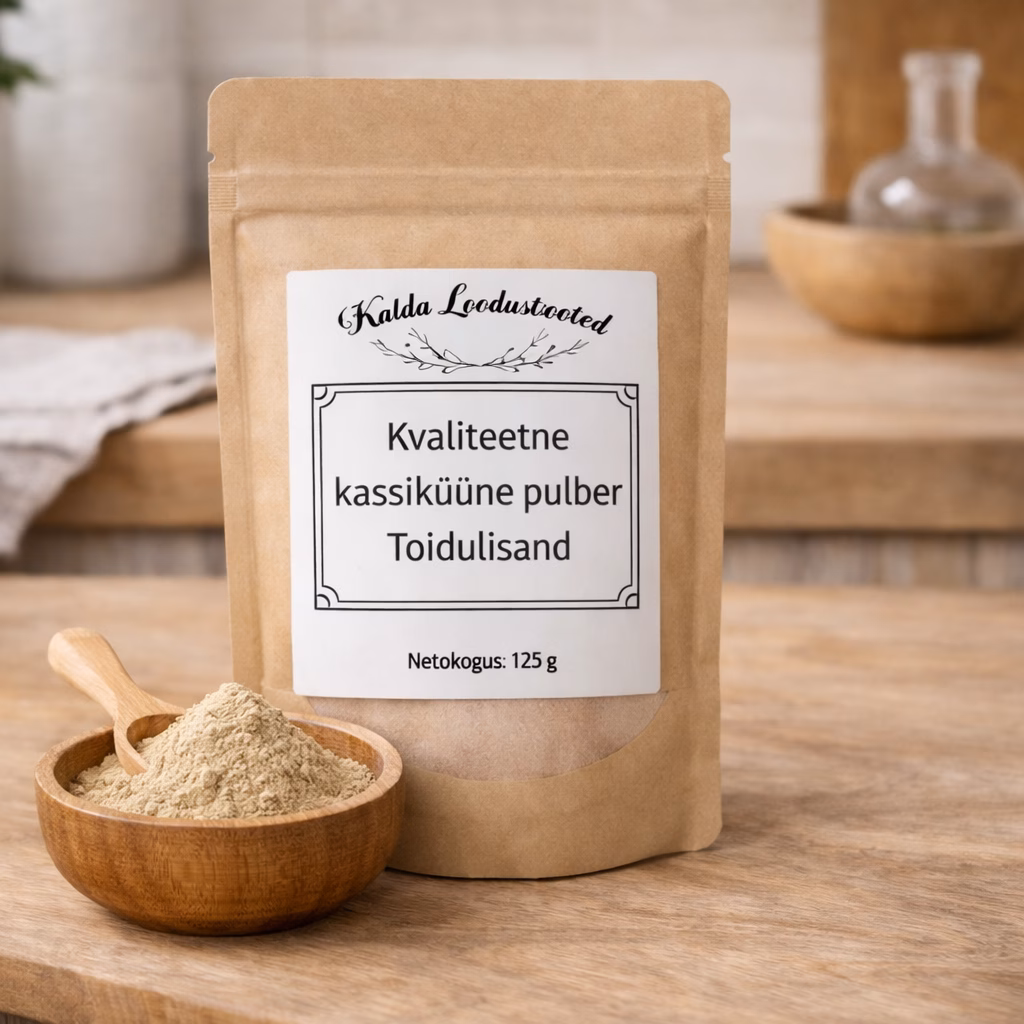 Kassiküüne pulber pakendis ja puidust kausis – Kalda Loodustooted kvaliteetne kassiküüne pulbri toidulisand 125 g.