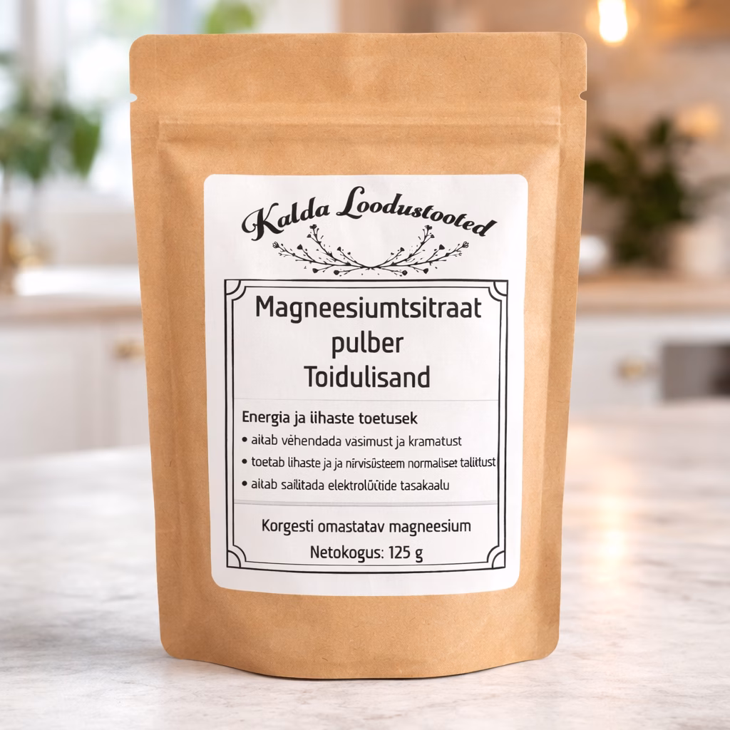 Magneesiumtsitraadi pulber pakendis köögitaustal – Kalda Loodustooted kergesti omastatav magneesiumi toidulisand 125 g.