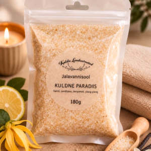 Kuldne Paradiis jalavannisool vanilli, sandlipuu, bergamoti ja ylang-ylangi aroomiga 180 g pakendis.